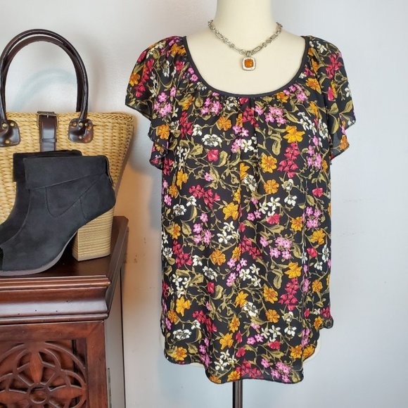Philosophy Black Pink Green Yellow Floral Flowy Flutter Sleeve Pull-On Top Sz XS - Picture 1 of 8
